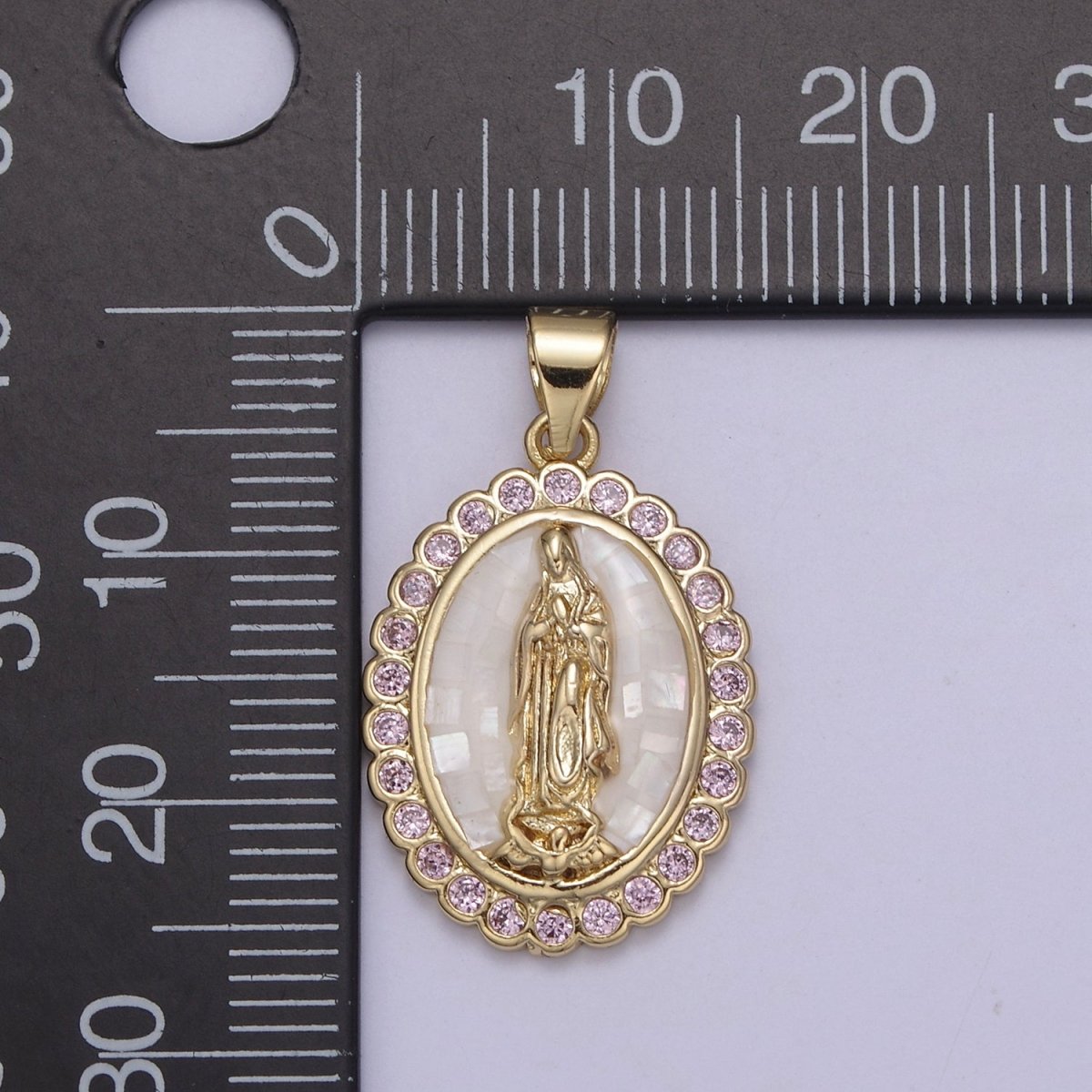 Gold Filled Shell Opal Miraculous Lady Guadalupe, Pink CZ Outline Virgin Mary Religious Oval Pendant in Gold & Silver H-057 H-059 H-172 I-778 N-583 N-584 N-621 X-479 X-480 X-481 - DLUXCA