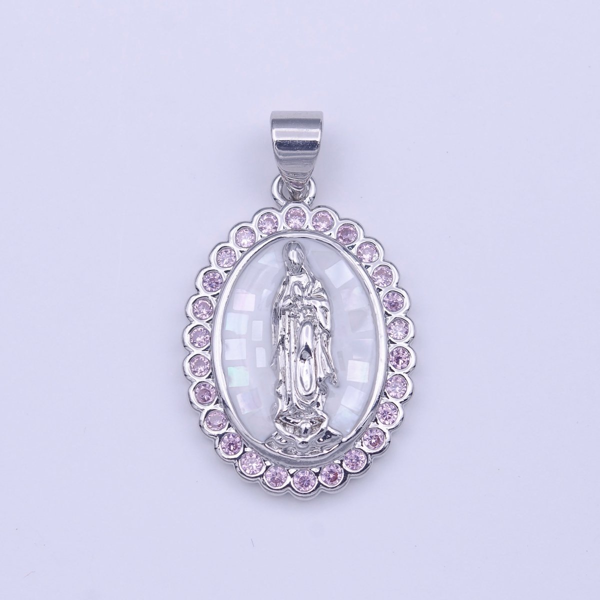 Gold Filled Shell Opal Miraculous Lady Guadalupe, Pink CZ Outline Virgin Mary Religious Oval Pendant in Gold & Silver H-057 H-059 H-172 I-778 N-583 N-584 N-621 X-479 X-480 X-481 - DLUXCA