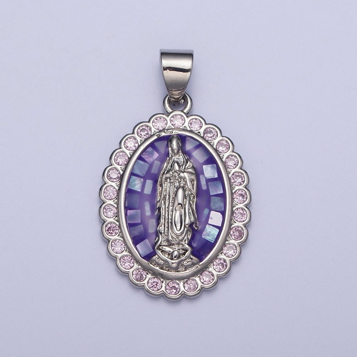Gold Filled Shell Opal Miraculous Lady Guadalupe, Pink CZ Outline Virgin Mary Religious Oval Pendant in Gold & Silver H-057 H-059 H-172 I-778 N-583 N-584 N-621 X-479 X-480 X-481 - DLUXCA