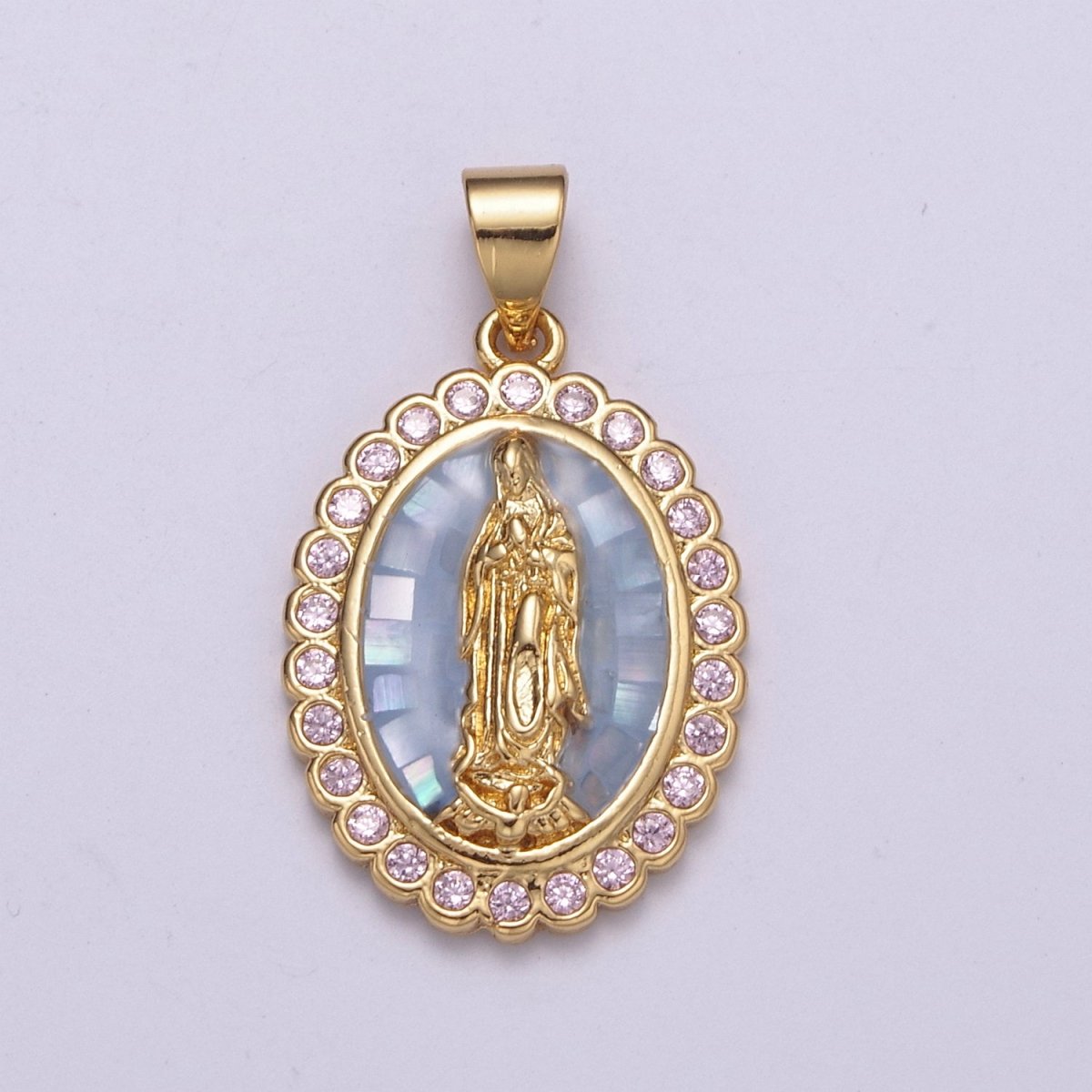 Gold Filled Shell Opal Miraculous Lady Guadalupe, Pink CZ Outline Virgin Mary Religious Oval Pendant in Gold & Silver H-057 H-059 H-172 I-778 N-583 N-584 N-621 X-479 X-480 X-481 - DLUXCA