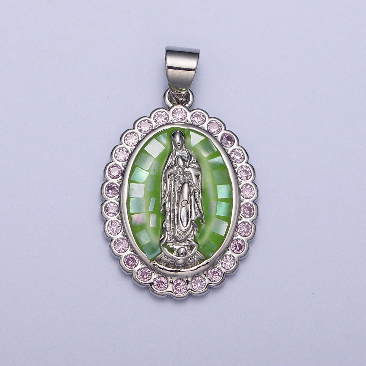 Gold Filled Shell Opal Miraculous Lady Guadalupe, Pink CZ Outline Virgin Mary Religious Oval Pendant in Gold & Silver H-057 H-059 H-172 I-778 N-583 N-584 N-621 X-479 X-480 X-481 - DLUXCA
