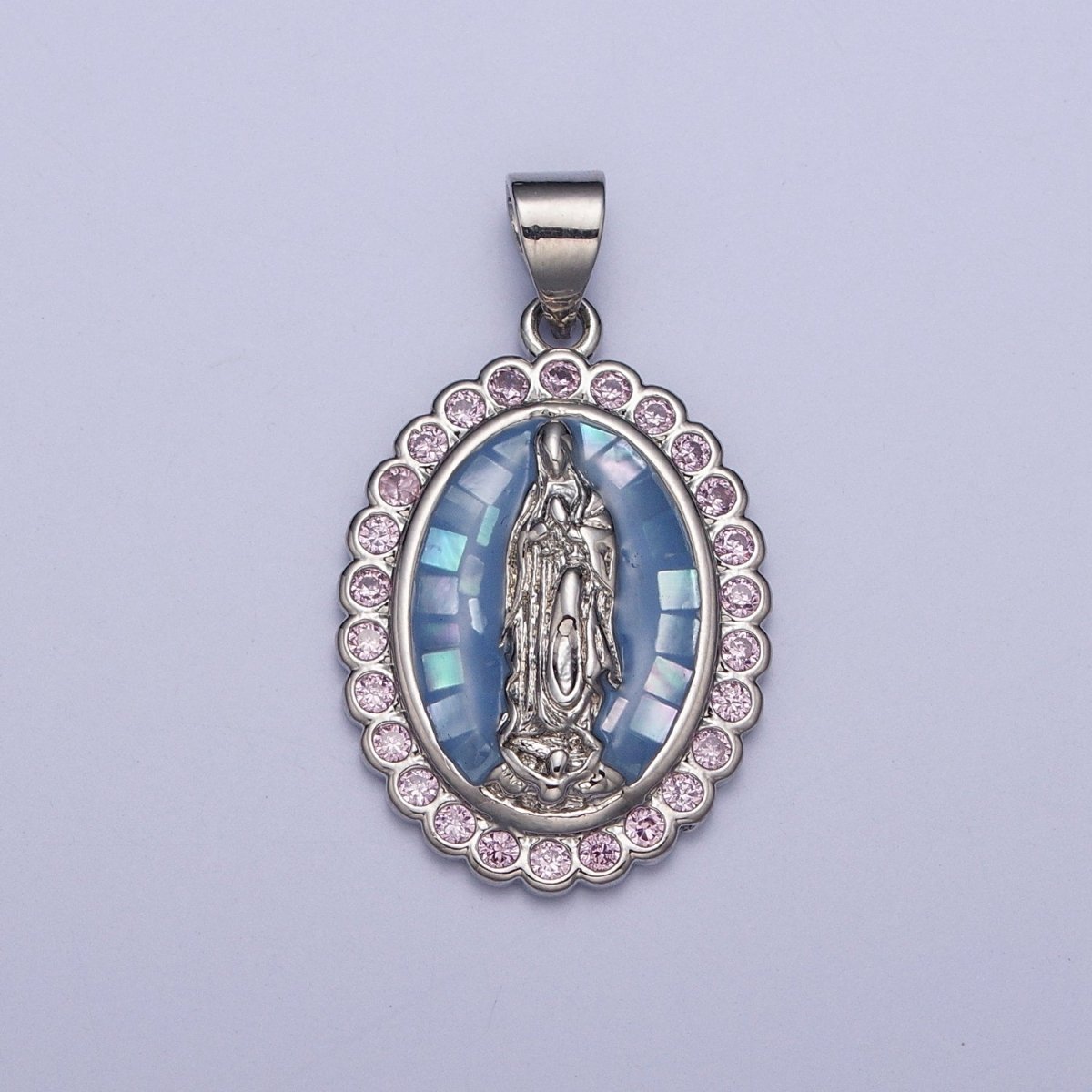Gold Filled Shell Opal Miraculous Lady Guadalupe, Pink CZ Outline Virgin Mary Religious Oval Pendant in Gold & Silver H-057 H-059 H-172 I-778 N-583 N-584 N-621 X-479 X-480 X-481 - DLUXCA