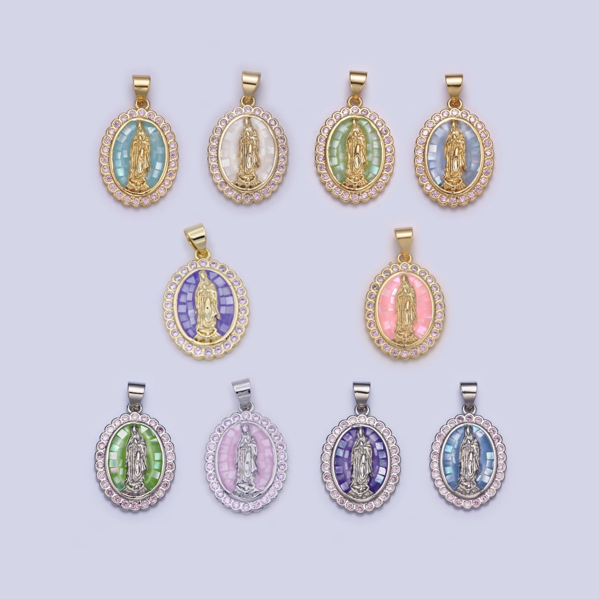 Gold Filled Shell Opal Miraculous Lady Guadalupe, Pink CZ Outline Virgin Mary Religious Oval Pendant in Gold & Silver H-057 H-059 H-172 I-778 N-583 N-584 N-621 X-479 X-480 X-481 - DLUXCA