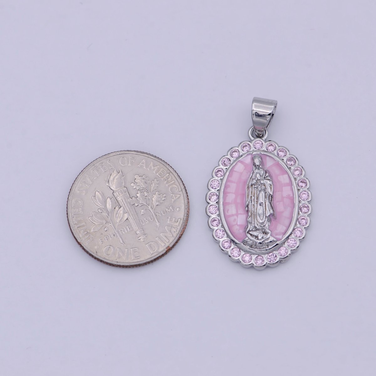 Gold Filled Shell Opal Miraculous Lady Guadalupe, Pink CZ Outline Virgin Mary Religious Oval Pendant in Gold & Silver H-057 H-059 H-172 I-778 N-583 N-584 N-621 X-479 X-480 X-481 - DLUXCA