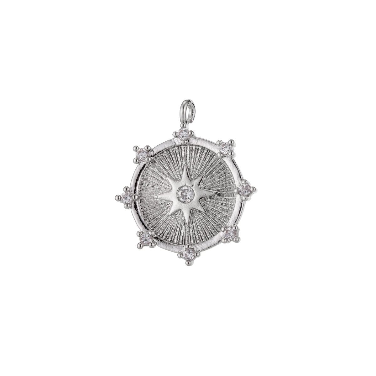 Gold Filled / Silver CZ Pave Starburst Cubic Zirconia Shooting Star North Star Coin Circle Disc Micro Pave Star Medallion Charm Pendant E-465 E-468 - DLUXCA