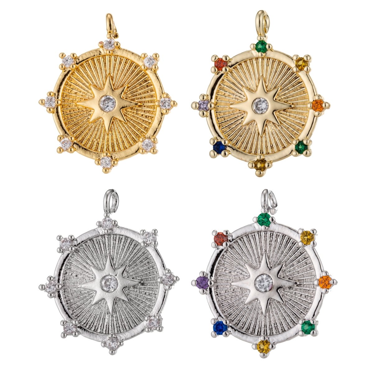 Gold Filled / Silver CZ Pave Starburst Cubic Zirconia Shooting Star North Star Coin Circle Disc Micro Pave Star Medallion Charm Pendant E-465 E-468 - DLUXCA