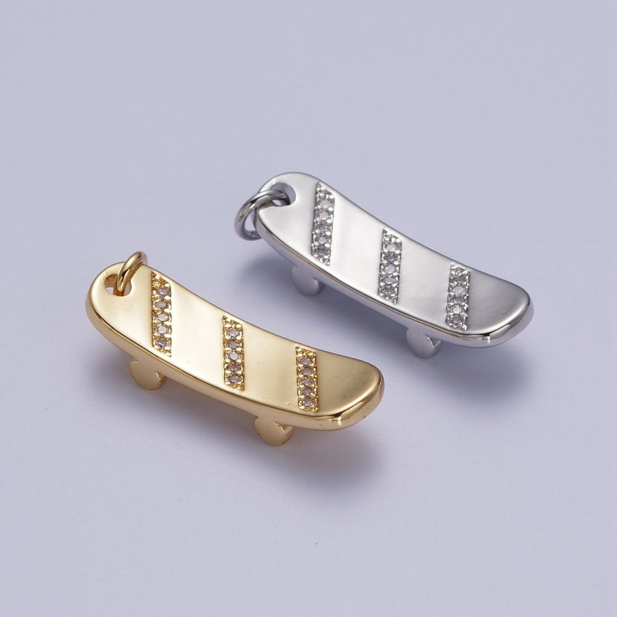 Gold Filled Skateboard Triple Micro Paved CZ Charm in Silver & Gold E-515 E-525 - DLUXCA
