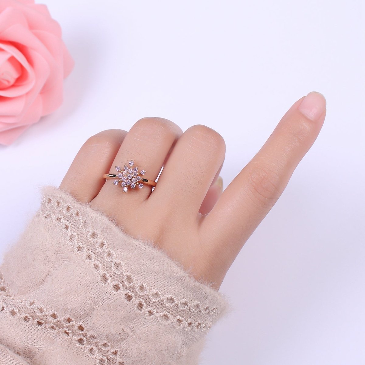 Gold Filled Snowflake with Pink Green CZ Ring For Woman Jewelry Finger Ring Open Adjustable U-147 U-148 U-218 - DLUXCA