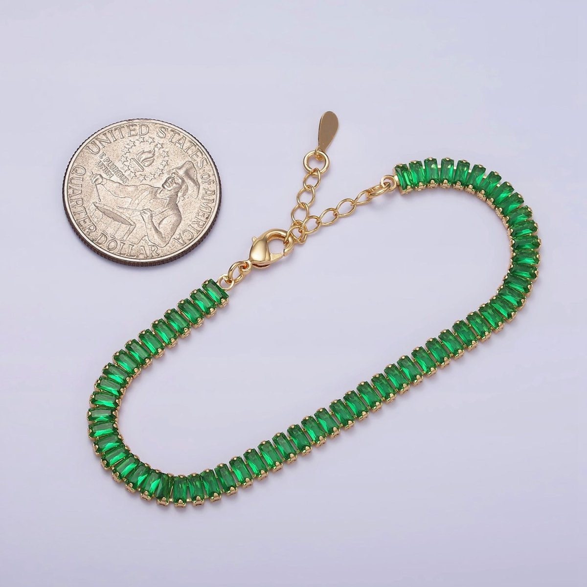 Gold Filled Tennis Bracelet, Baguette Emerald Green, Pink, Clear Pave CZ Bracelet for | WA-1764 to WA-1766 Clearance Pricing - DLUXCA