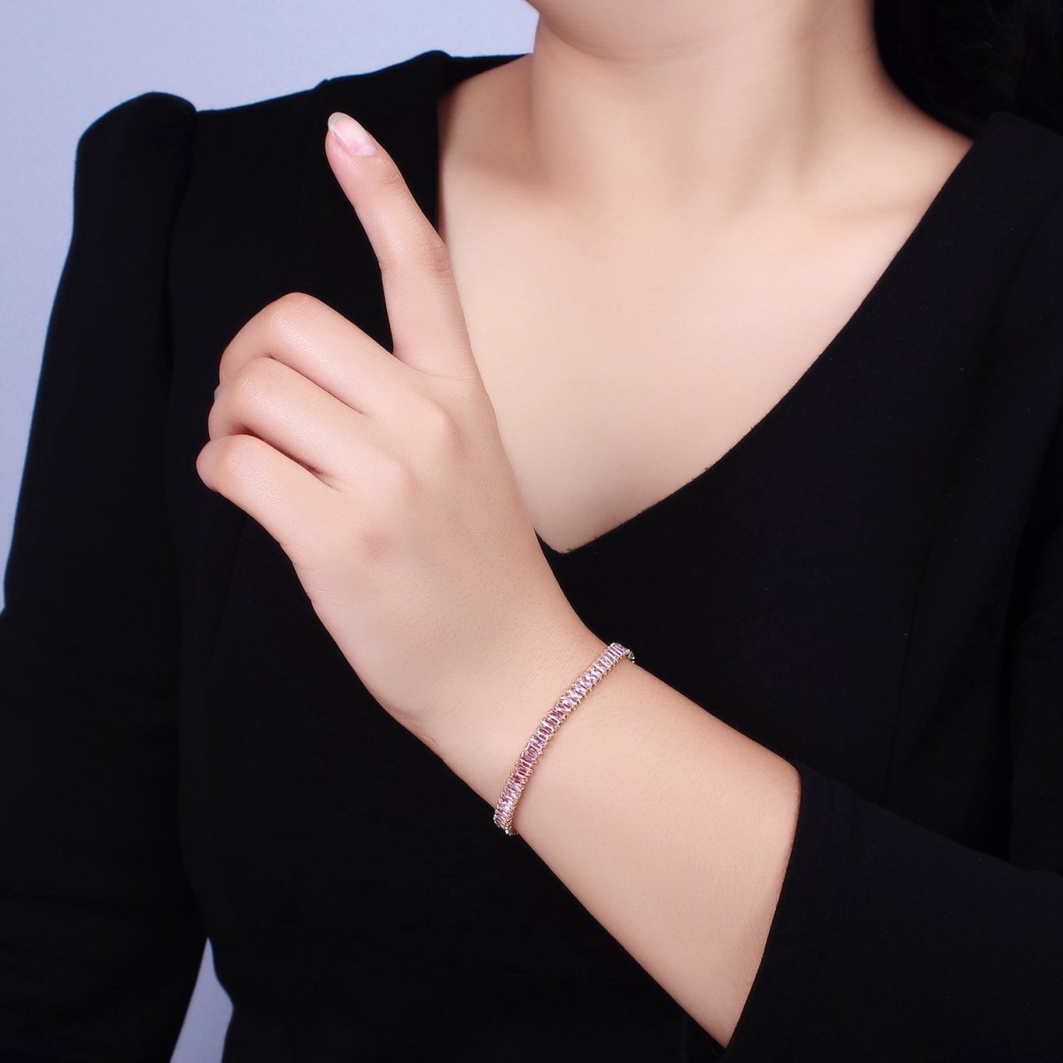 Gold Filled Tennis Bracelet, Baguette Emerald Green, Pink, Clear Pave CZ Bracelet for | WA-1764 to WA-1766 Clearance Pricing - DLUXCA