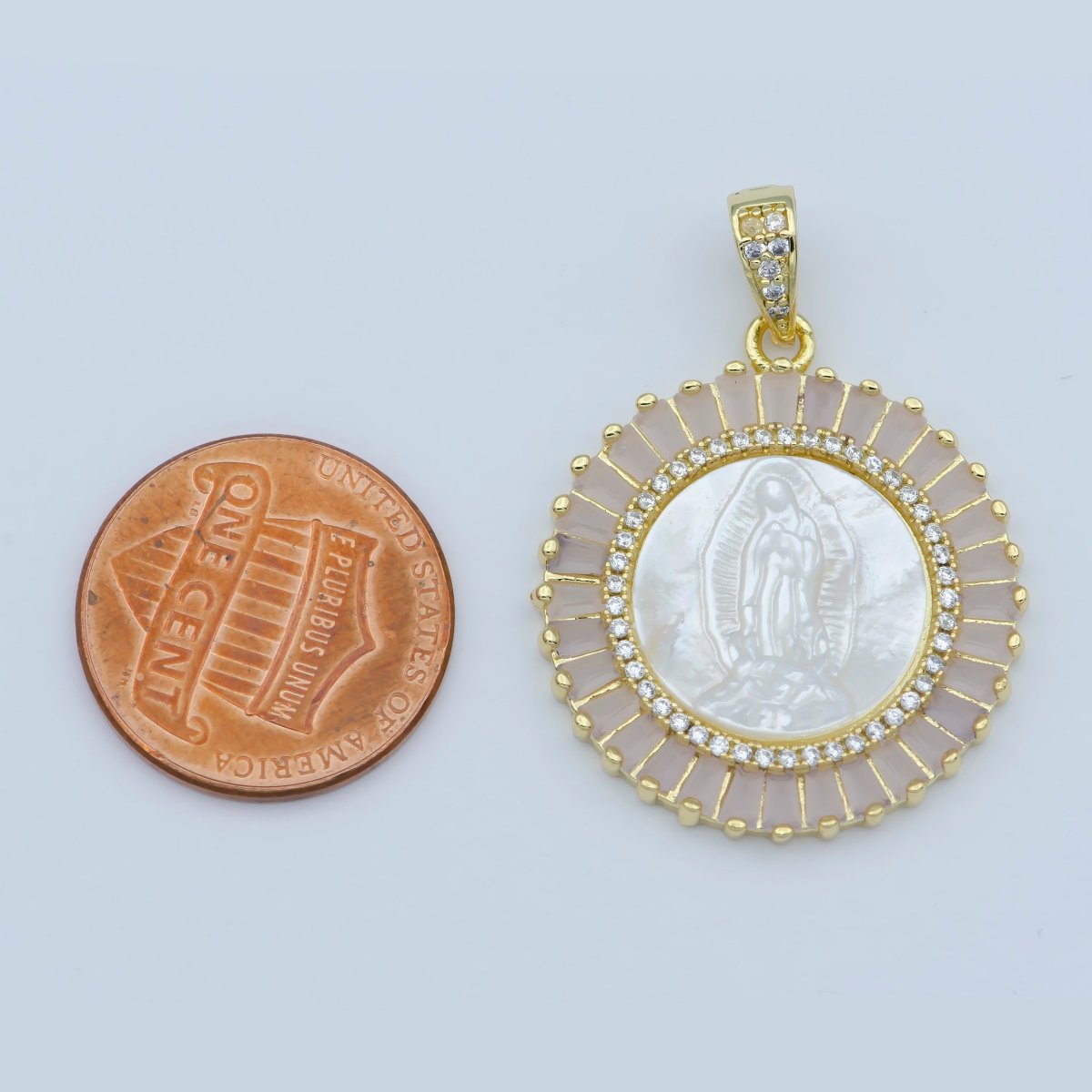 Gold Filled Virgin Mary Pendant Pearl Lady Guadalupe Medallion Charm Necklace Pink Cubic Micro Pave Cz for Religious jewelry making supply N-1407 I-109 - DLUXCA