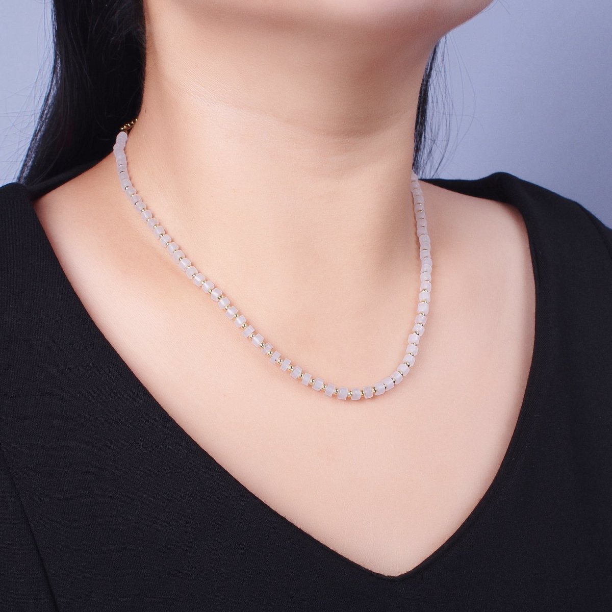 Gold Filled White Jade Rondelle Heishi Gemstone Gold Spacer Beads 15.5 Inch Choker Necklace | WA-1431 Clearance Pricing - DLUXCA