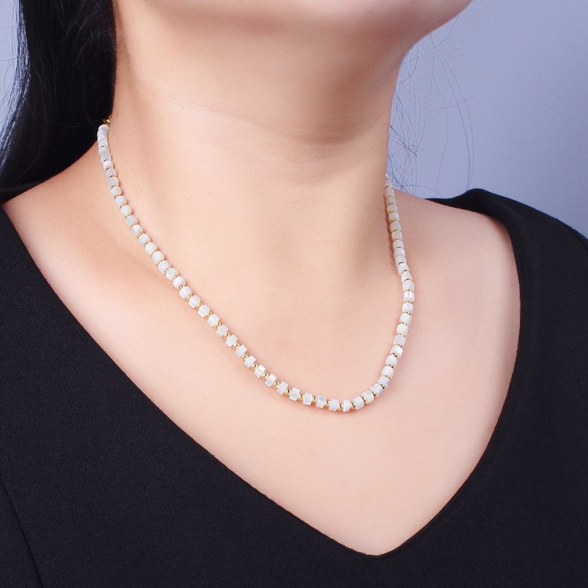 Gold Filled White Shell MOP Rondelle Heishi Gemstone Gold Spacer Beads 15.5 Inch Choker Necklace | WA-1434 Clearance Pricing - DLUXCA