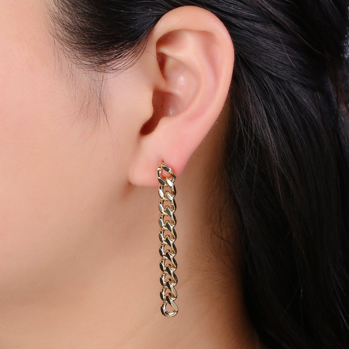 Gold Flat Cuban Chain Link Chain Stud Earring Dangle Pendant P-129 P-130 - DLUXCA