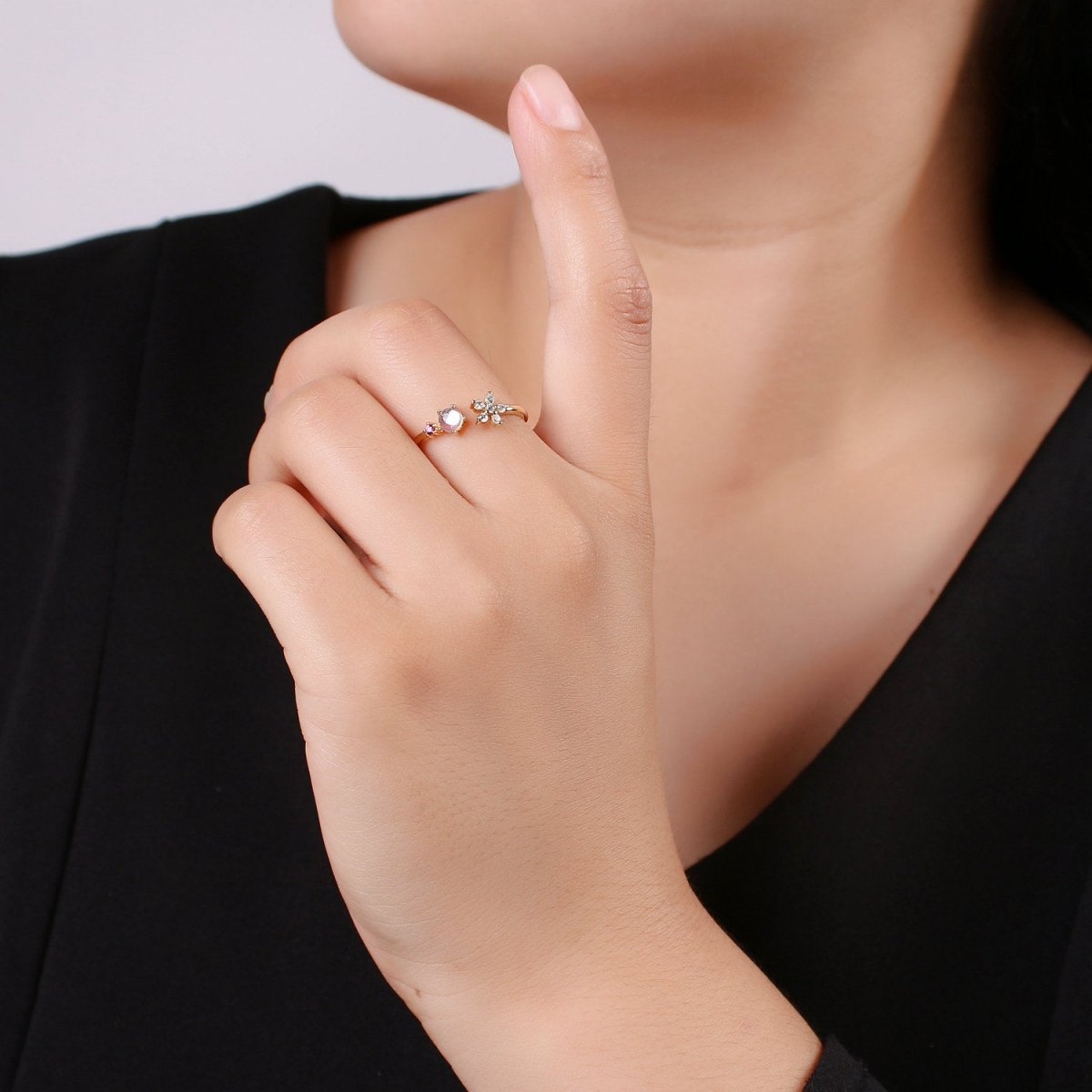 Gold Flower Ring, Dainty Floral Ring, Adjustable Ring, Minimalist Opal Ring, Minimalist Ring, Gold Open Ring, Dainty Jewelry R-086 - DLUXCA