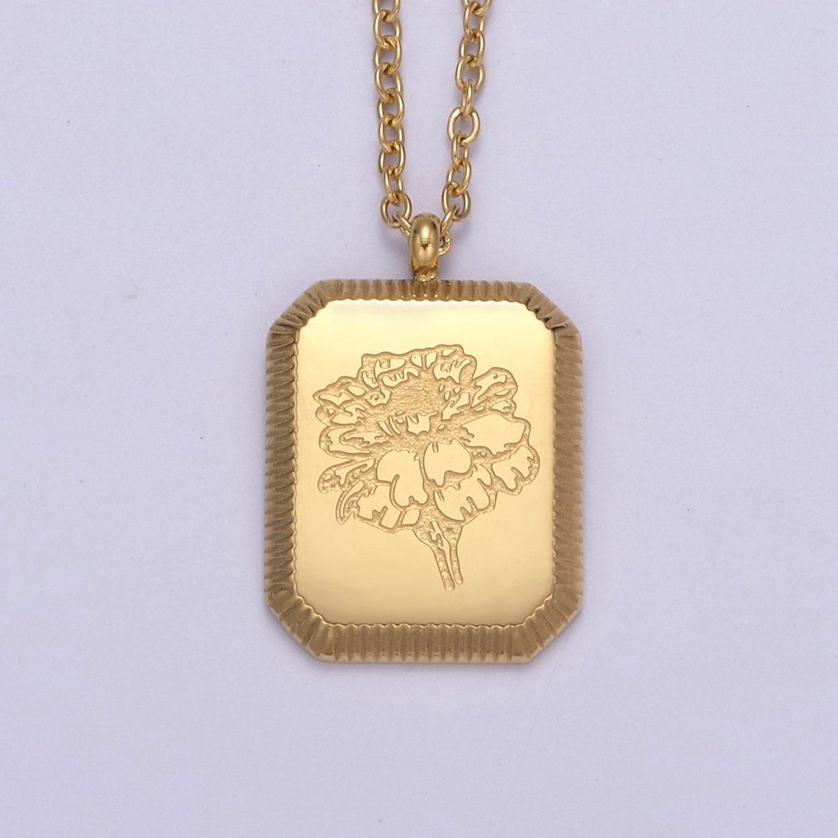Gold Flower Tag Charm Engraved Floral Pendant Necklace with Cable Chain Necklace Wholesale Fashion Jewelry | WA-649 to WA-660 Clearance Pricing - DLUXCA