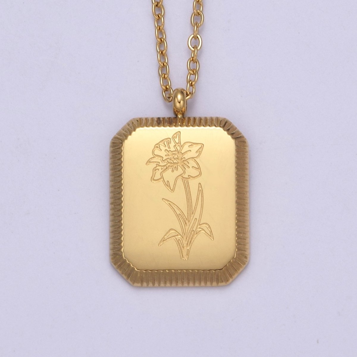 Gold Flower Tag Charm Engraved Floral Pendant Necklace with Cable Chain Necklace Wholesale Fashion Jewelry | WA-649 to WA-660 Clearance Pricing - DLUXCA