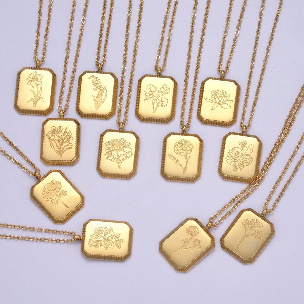 Gold Flower Tag Charm Engraved Floral Pendant Necklace with Cable Chain Necklace Wholesale Fashion Jewelry | WA-649 to WA-660 Clearance Pricing - DLUXCA