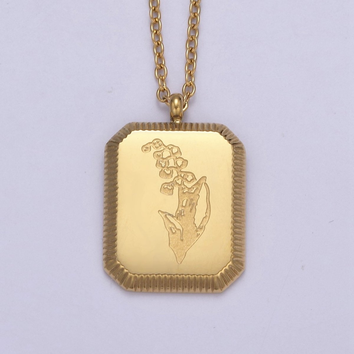 Gold Flower Tag Charm Engraved Floral Pendant Necklace with Cable Chain Necklace Wholesale Fashion Jewelry | WA-649 to WA-660 Clearance Pricing - DLUXCA