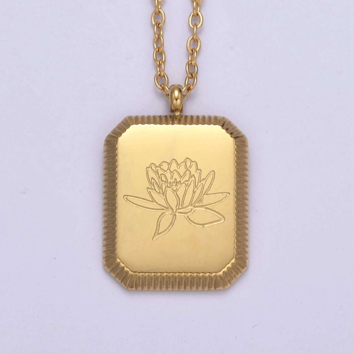 Gold Flower Tag Charm Engraved Floral Pendant Necklace with Cable Chain Necklace Wholesale Fashion Jewelry | WA-649 to WA-660 Clearance Pricing - DLUXCA