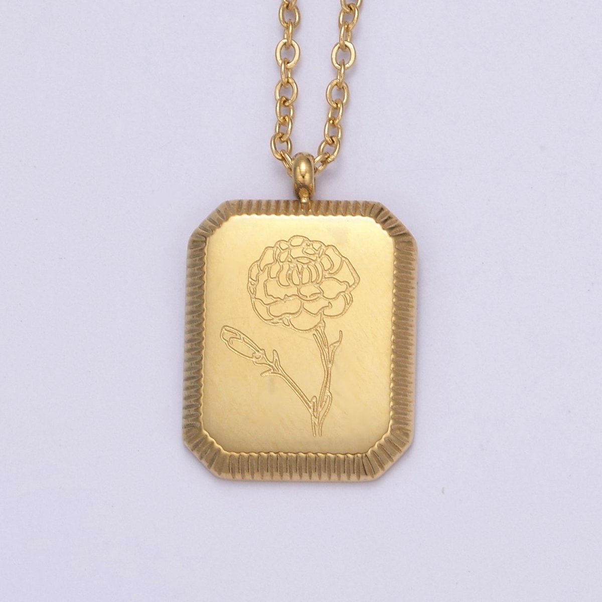 Gold Flower Tag Charm Engraved Floral Pendant Necklace with Cable Chain Necklace Wholesale Fashion Jewelry | WA-649 to WA-660 Clearance Pricing - DLUXCA