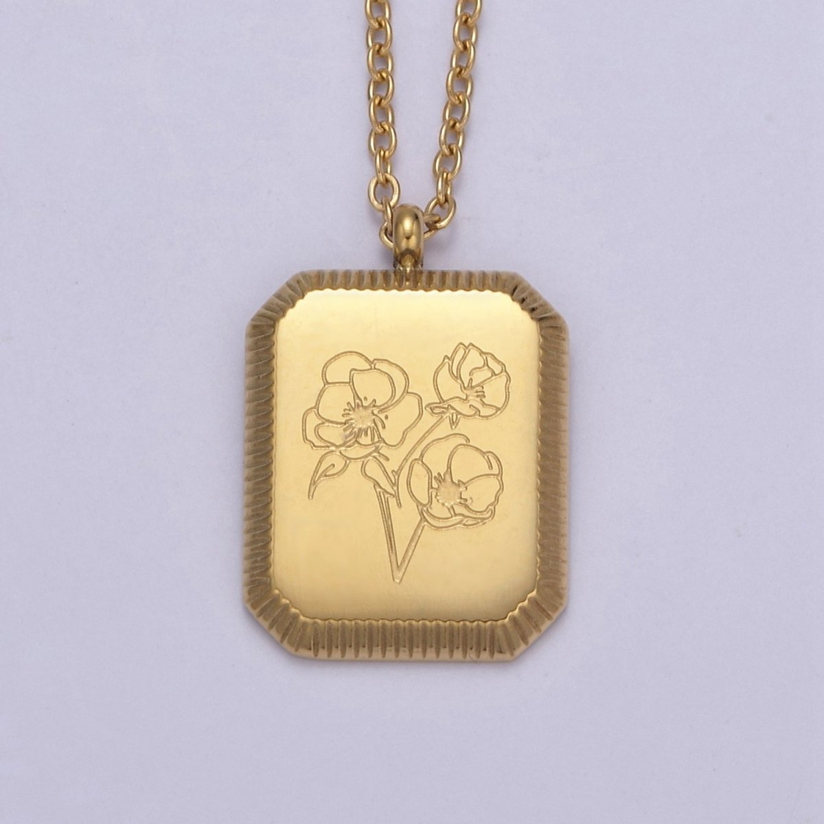 Gold Flower Tag Charm Engraved Floral Pendant Necklace with Cable Chain Necklace Wholesale Fashion Jewelry | WA-649 to WA-660 Clearance Pricing - DLUXCA