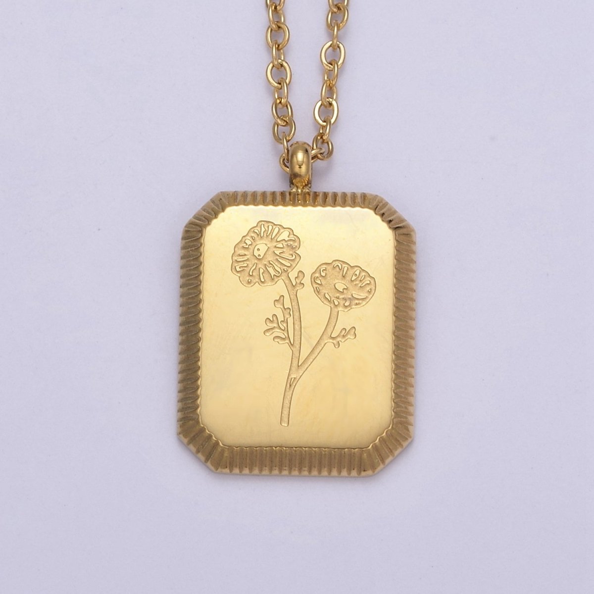 Gold Flower Tag Charm Engraved Floral Pendant Necklace with Cable Chain Necklace Wholesale Fashion Jewelry | WA-649 to WA-660 Clearance Pricing - DLUXCA