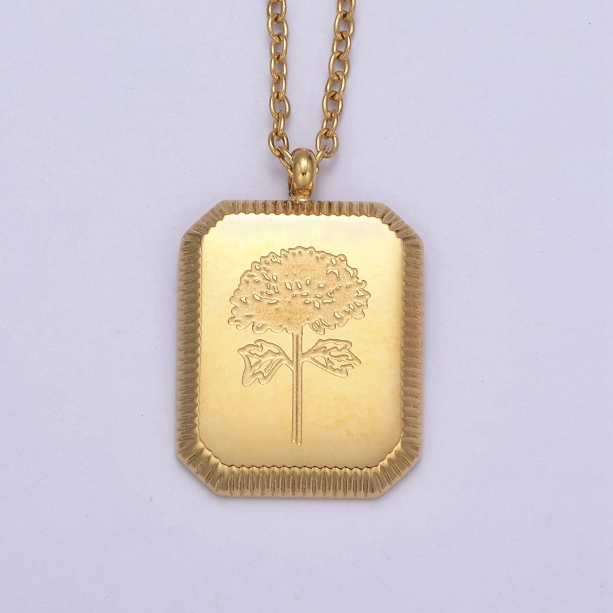 Gold Flower Tag Charm Engraved Floral Pendant Necklace with Cable Chain Necklace Wholesale Fashion Jewelry | WA-649 to WA-660 Clearance Pricing - DLUXCA
