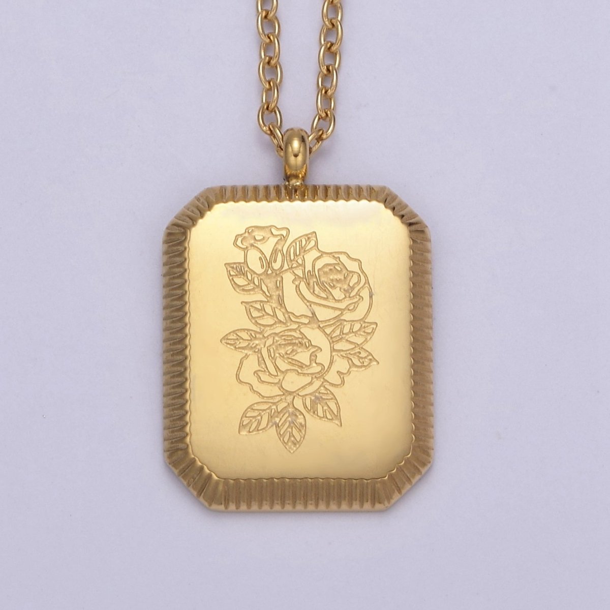 Gold Flower Tag Charm Engraved Floral Pendant Necklace with Cable Chain Necklace Wholesale Fashion Jewelry | WA-649 to WA-660 Clearance Pricing - DLUXCA