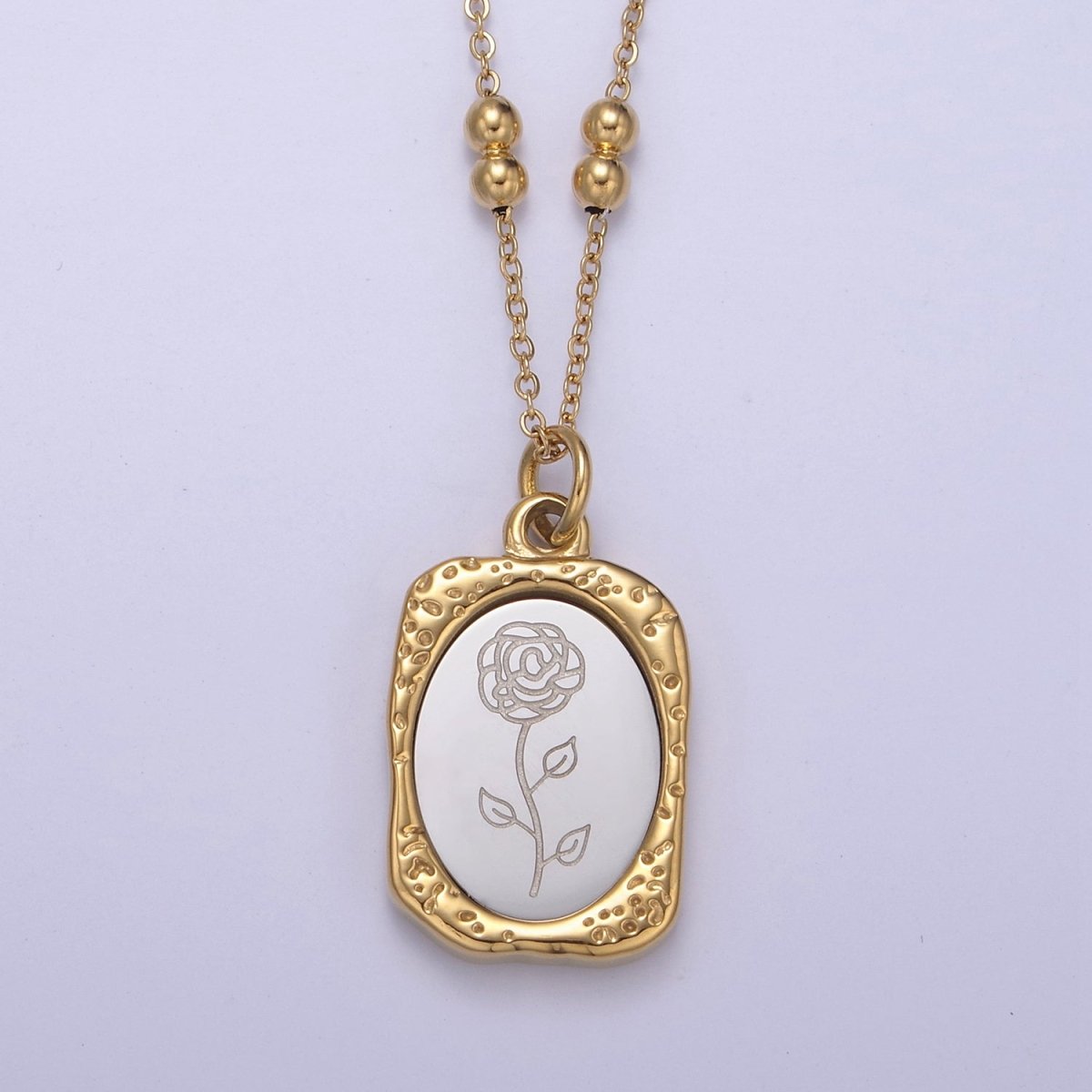 Gold Flower Tag Charm Engraved Floral Pendant Necklace with Satellite Chain Necklace Wholesale Fashion Jewelry | WA-708 to WA-720 Clearance Pricing - DLUXCA