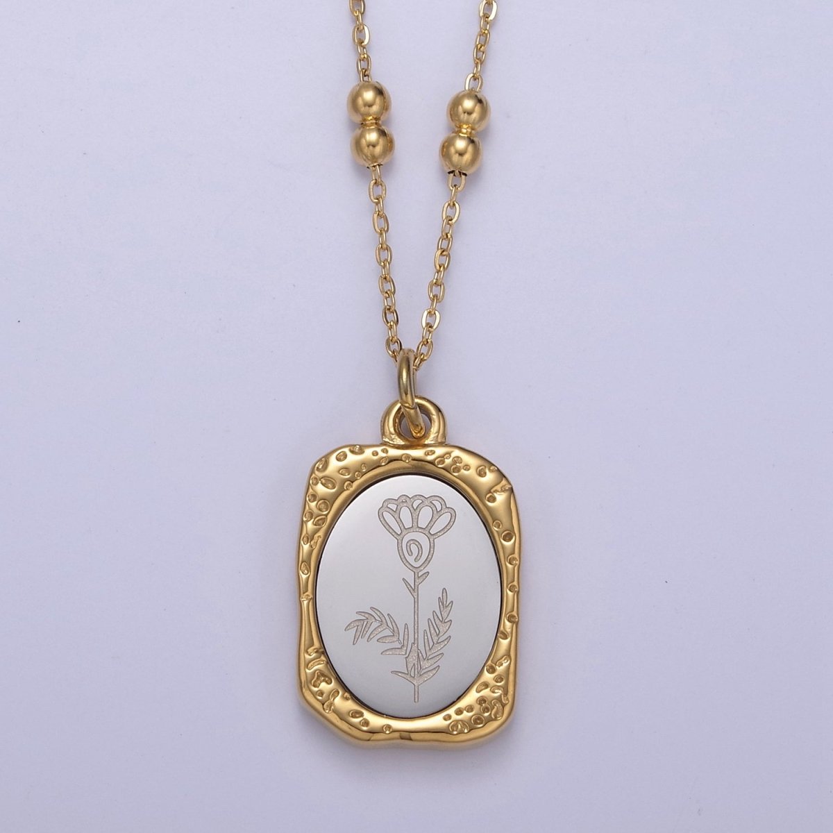 Gold Flower Tag Charm Engraved Floral Pendant Necklace with Satellite Chain Necklace Wholesale Fashion Jewelry | WA-708 to WA-720 Clearance Pricing - DLUXCA