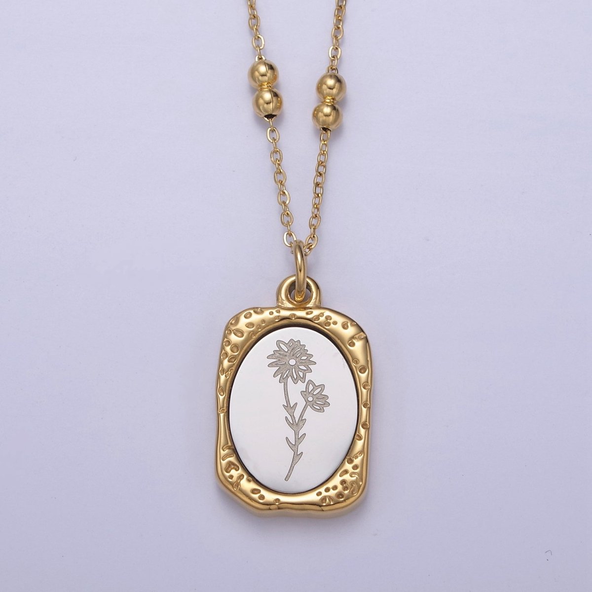 Gold Flower Tag Charm Engraved Floral Pendant Necklace with Satellite Chain Necklace Wholesale Fashion Jewelry | WA-708 to WA-720 Clearance Pricing - DLUXCA