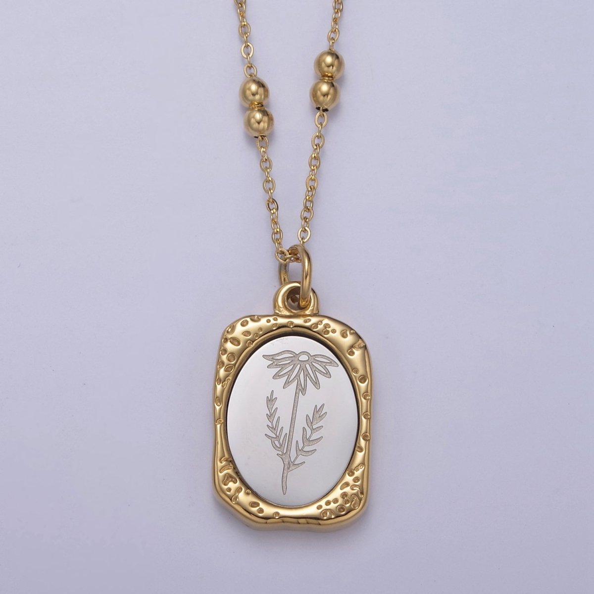 Gold Flower Tag Charm Engraved Floral Pendant Necklace with Satellite Chain Necklace Wholesale Fashion Jewelry | WA-708 to WA-720 Clearance Pricing - DLUXCA