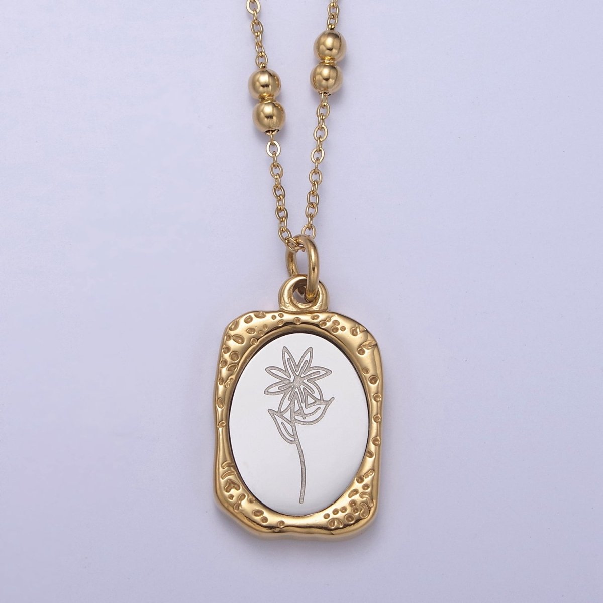 Gold Flower Tag Charm Engraved Floral Pendant Necklace with Satellite Chain Necklace Wholesale Fashion Jewelry | WA-708 to WA-720 Clearance Pricing - DLUXCA