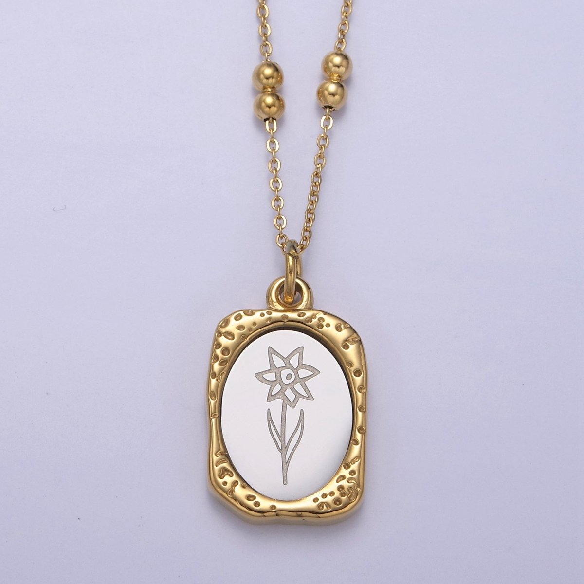 Gold Flower Tag Charm Engraved Floral Pendant Necklace with Satellite Chain Necklace Wholesale Fashion Jewelry | WA-708 to WA-720 Clearance Pricing - DLUXCA