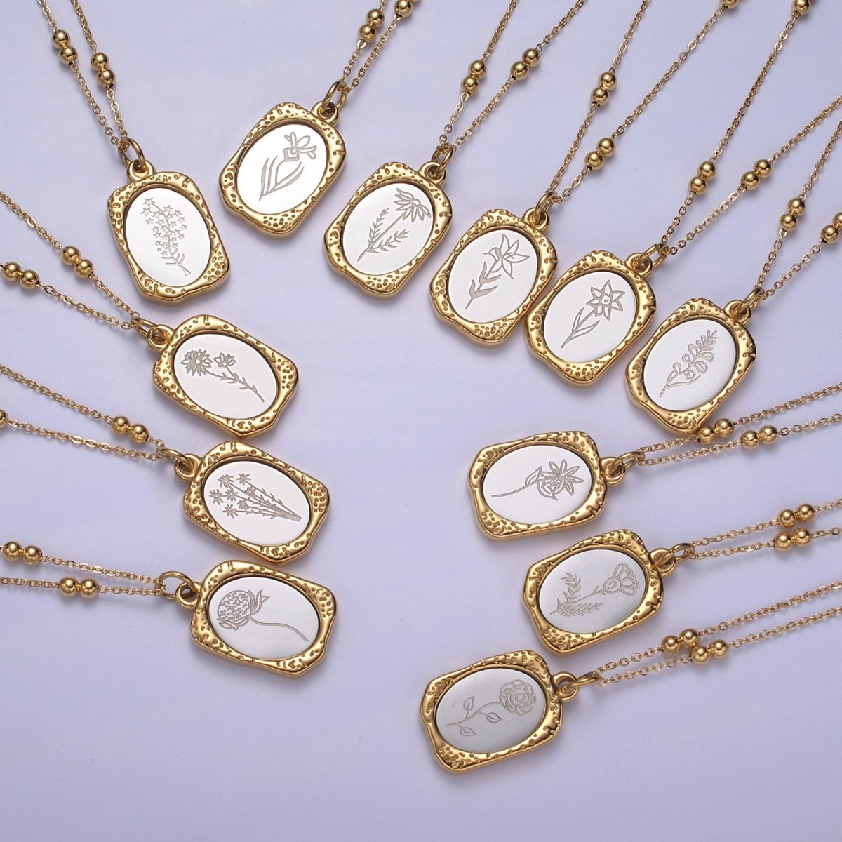 Gold Flower Tag Charm Engraved Floral Pendant Necklace with Satellite Chain Necklace Wholesale Fashion Jewelry | WA-708 to WA-720 Clearance Pricing - DLUXCA