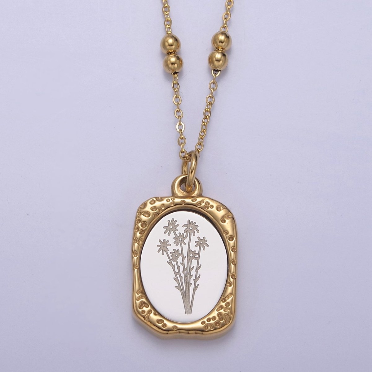 Gold Flower Tag Charm Engraved Floral Pendant Necklace with Satellite Chain Necklace Wholesale Fashion Jewelry | WA-708 to WA-720 Clearance Pricing - DLUXCA