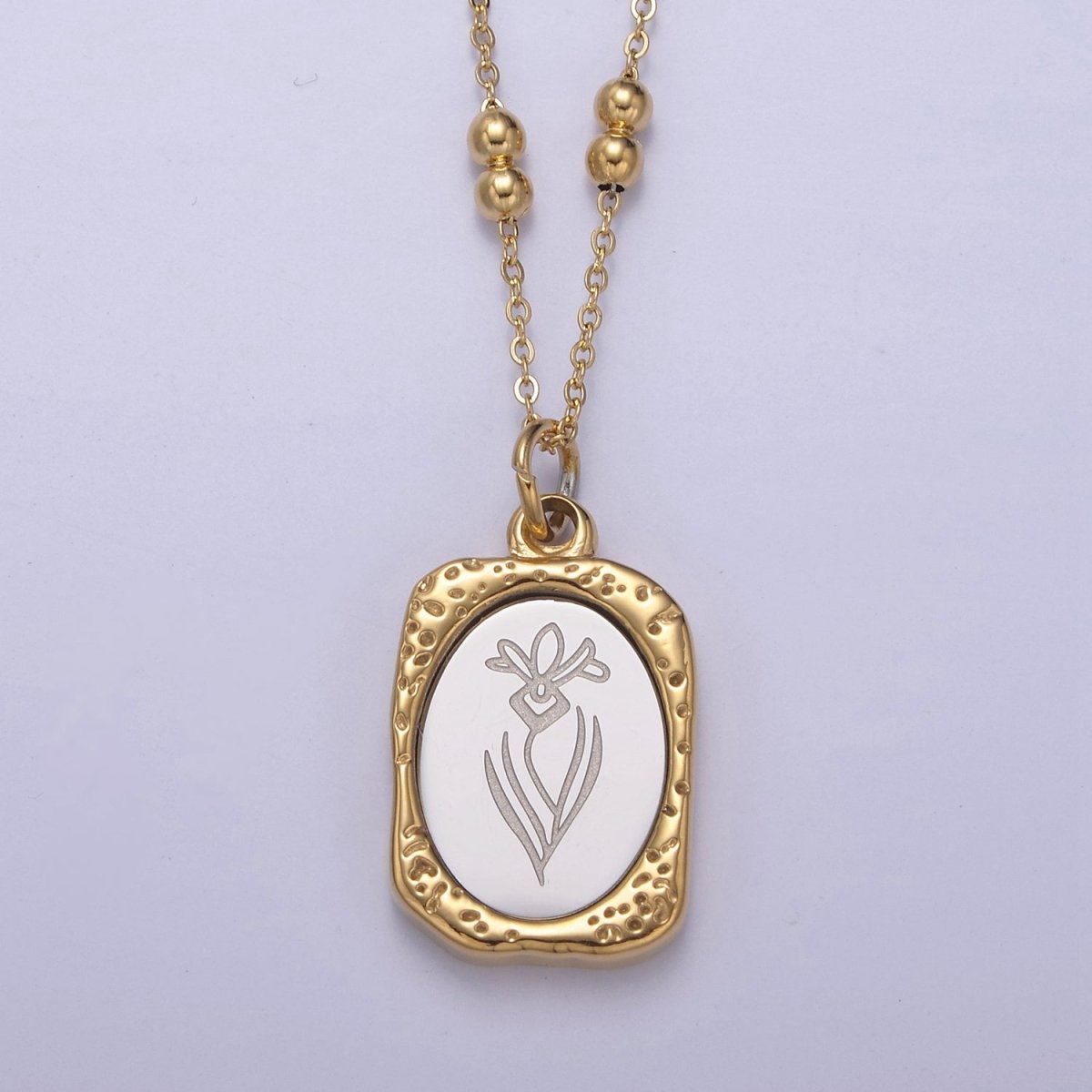 Gold Flower Tag Charm Engraved Floral Pendant Necklace with Satellite Chain Necklace Wholesale Fashion Jewelry | WA-708 to WA-720 Clearance Pricing - DLUXCA