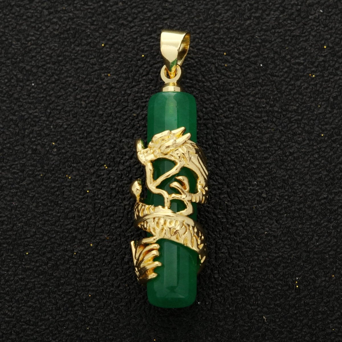 Gold Genuine Green Jade Dragon Pendant Necklace Amulet Cylinder Jade Bar Necklace For Women Men O-258 - DLUXCA