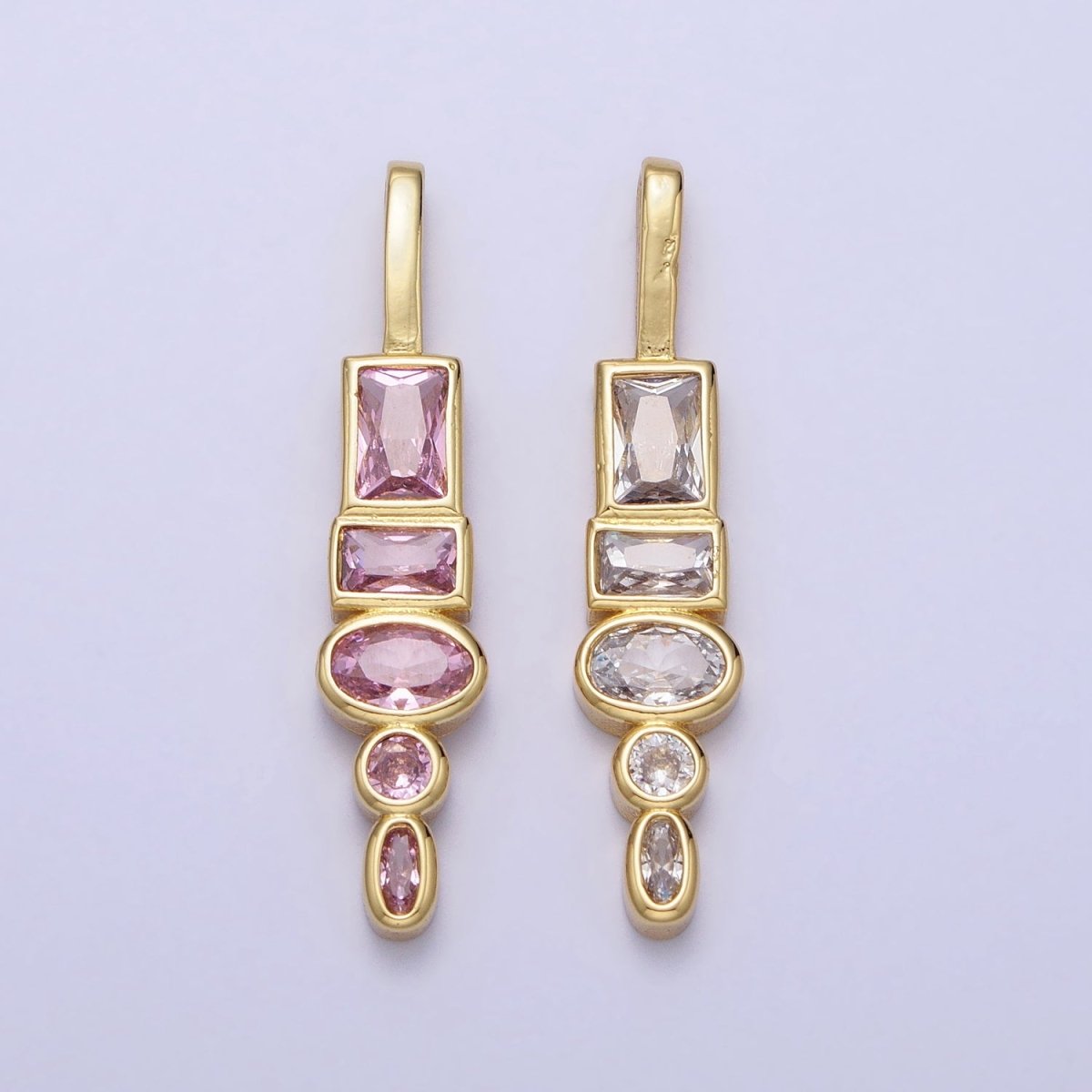 Gold Geometric Clear, Pink CZ Cubic Zirconia Baguette Oval Pendant | AA170 AA171 - DLUXCA