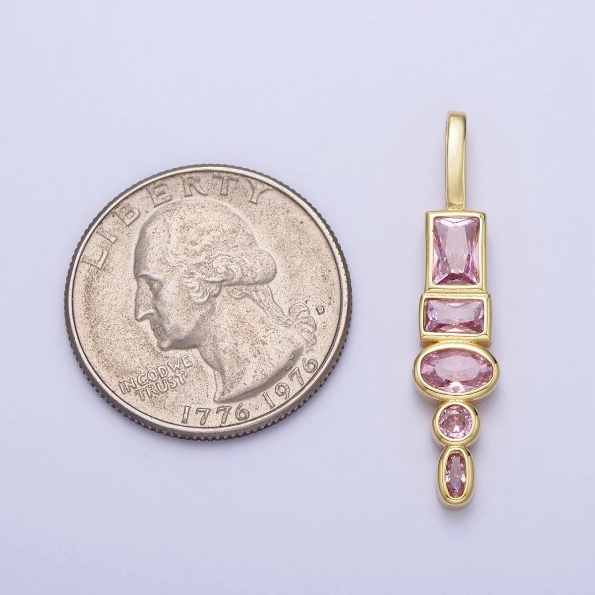 Gold Geometric Clear, Pink CZ Cubic Zirconia Baguette Oval Pendant | AA170 AA171 - DLUXCA