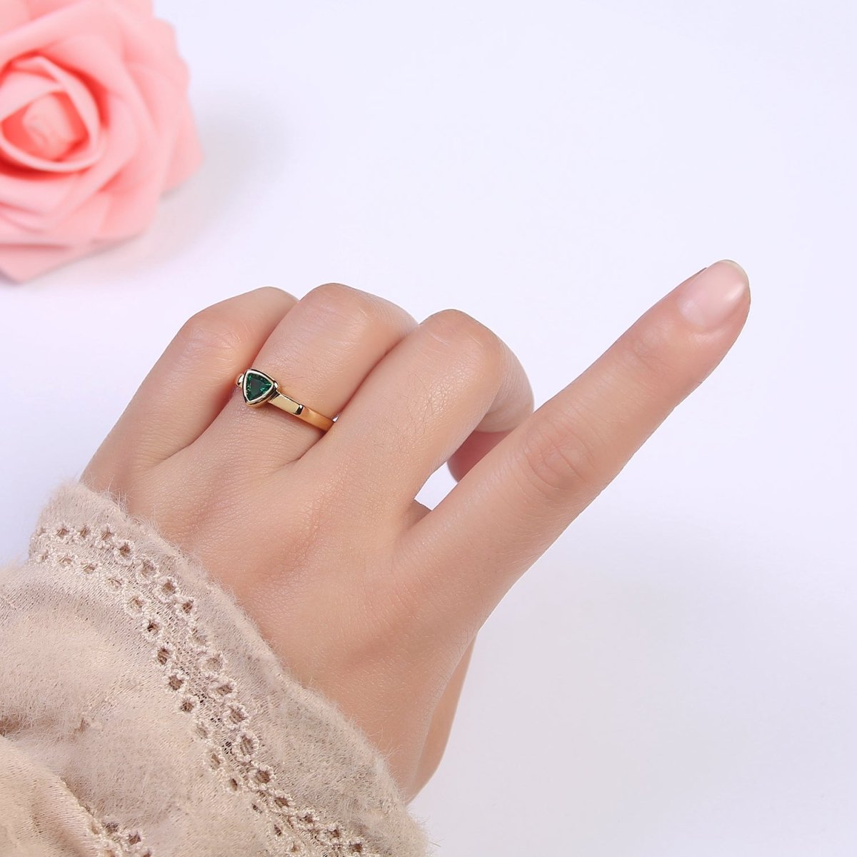 Gold Green CZ ring, Emerald ring, open ring, adjustable ring, green stone ring, dainty ring, stackable ring U-501 - DLUXCA