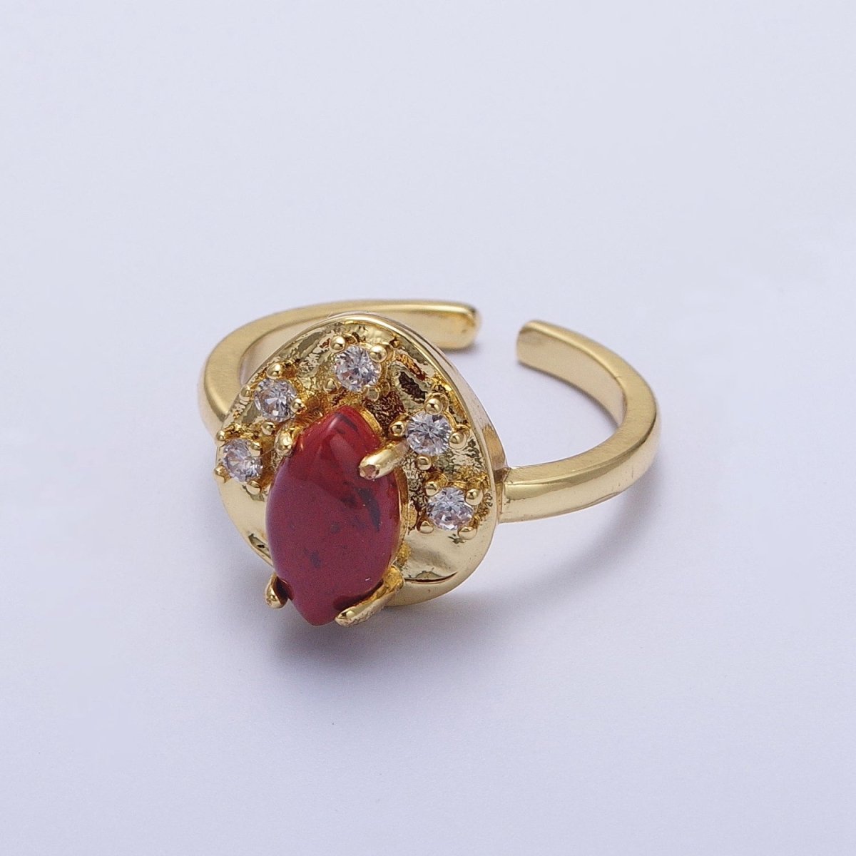 Gold Hammered Cubic Zirconia Marquise Natural Gemstone Adjustable Ring | Y-321 Y-322 Y-323 - DLUXCA