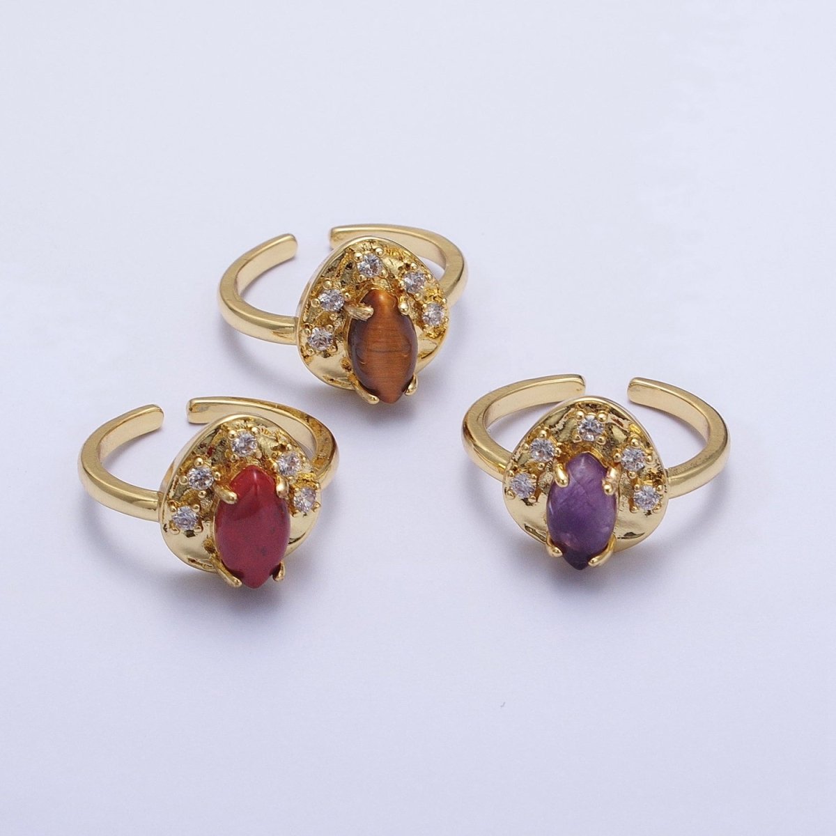 Gold Hammered Cubic Zirconia Marquise Natural Gemstone Adjustable Ring | Y-321 Y-322 Y-323 - DLUXCA
