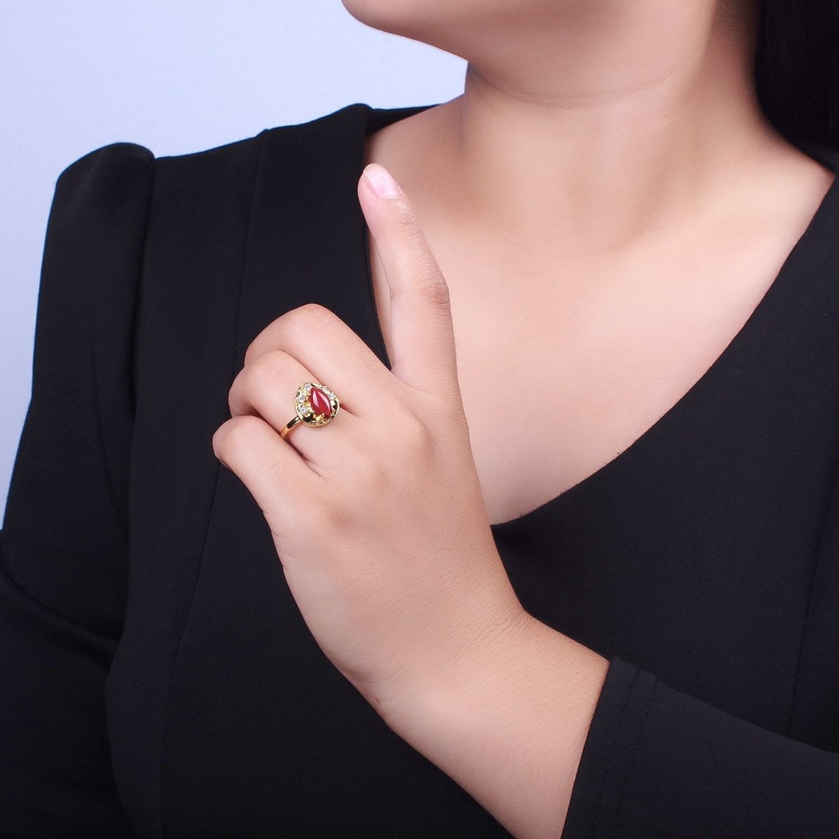 Gold Hammered Cubic Zirconia Marquise Natural Gemstone Adjustable Ring | Y-321 Y-322 Y-323 - DLUXCA