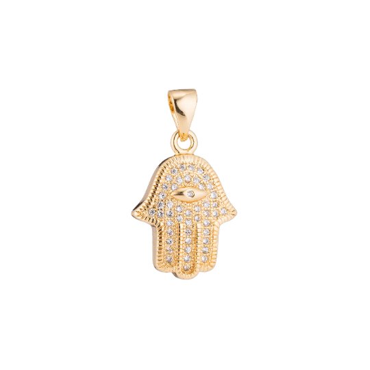 Gold Hamsa Hand, Evil Eye, Protection Amulet Wealth Health Cubic Zirconia Necklace Pendant Charm Bead Bails Findings for Jewelry Making H-196 - DLUXCA
