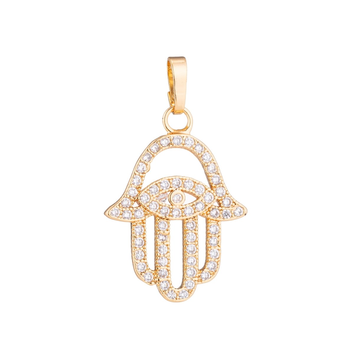 Gold Hamsa Hand, Evil Eye, Spiritual, Religion, Amulet Gift Cubic Zirconia Necklace Pendant Charm Bead Bails Findings for Jewelry Making H-180 N-1430 - DLUXCA