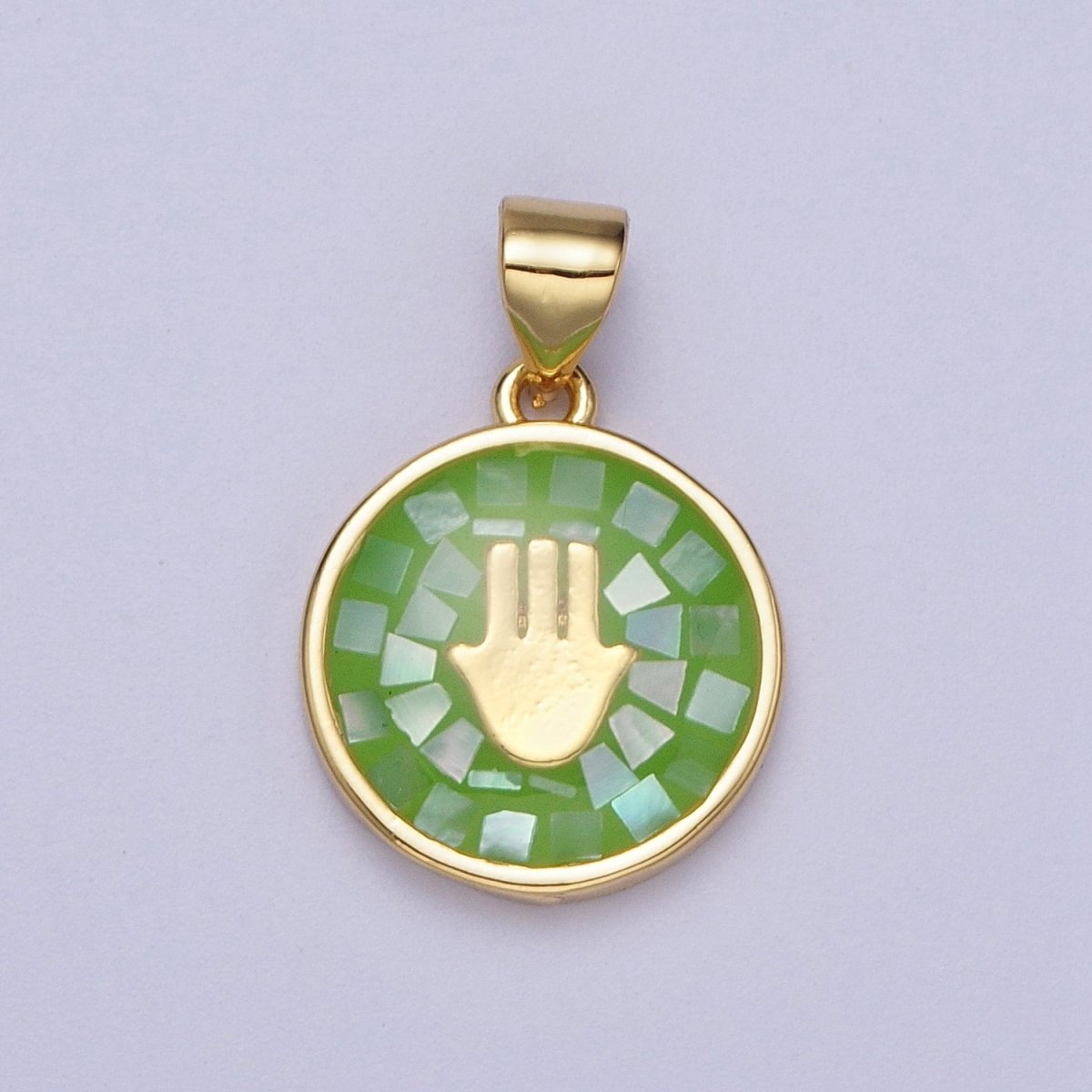 Gold Hamsa Hand White, Pink, Green, Teal Shell Opal Round Pendant H-807 I-760 I-792 I-828 - DLUXCA