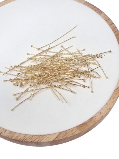 Gold Head Pins Ball Point Headpins, 0.6mm (22 Gauge) by 30mm, 35mm, 40, Gold Metal Plated Brass Ball L-532~L-535 - DLUXCA
