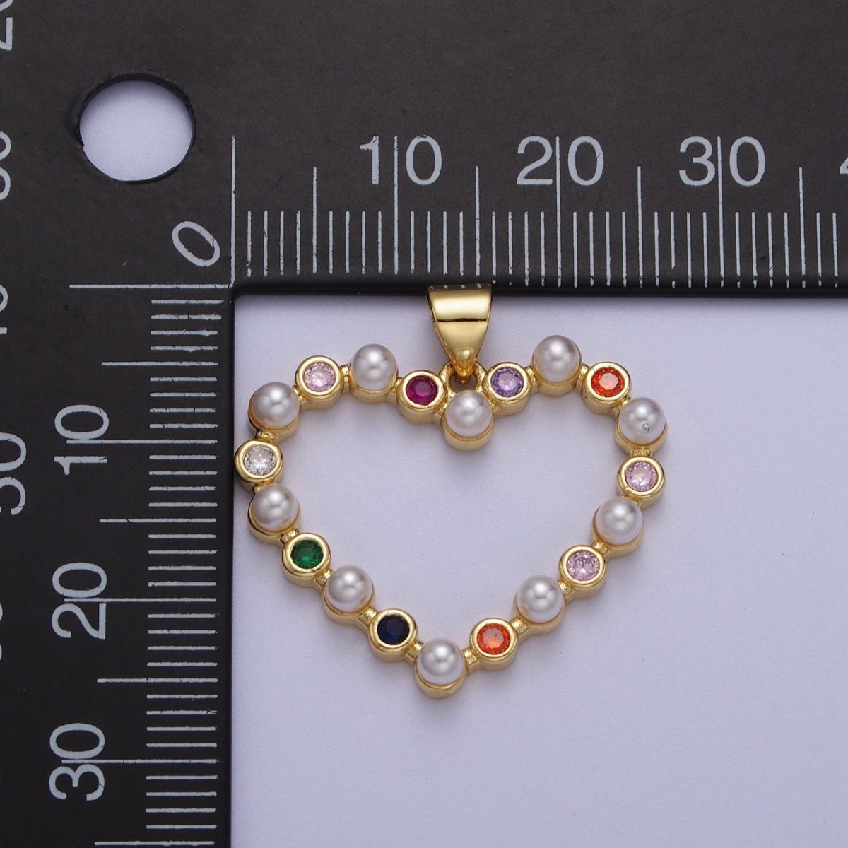 Gold Heart Round Pearl Multicolor Cubic Zirconia Pendant H-656 - DLUXCA